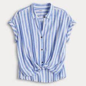 Sonoma Oversized Linen Camp Blue and White Striped Tie-Front Shirt Size OX